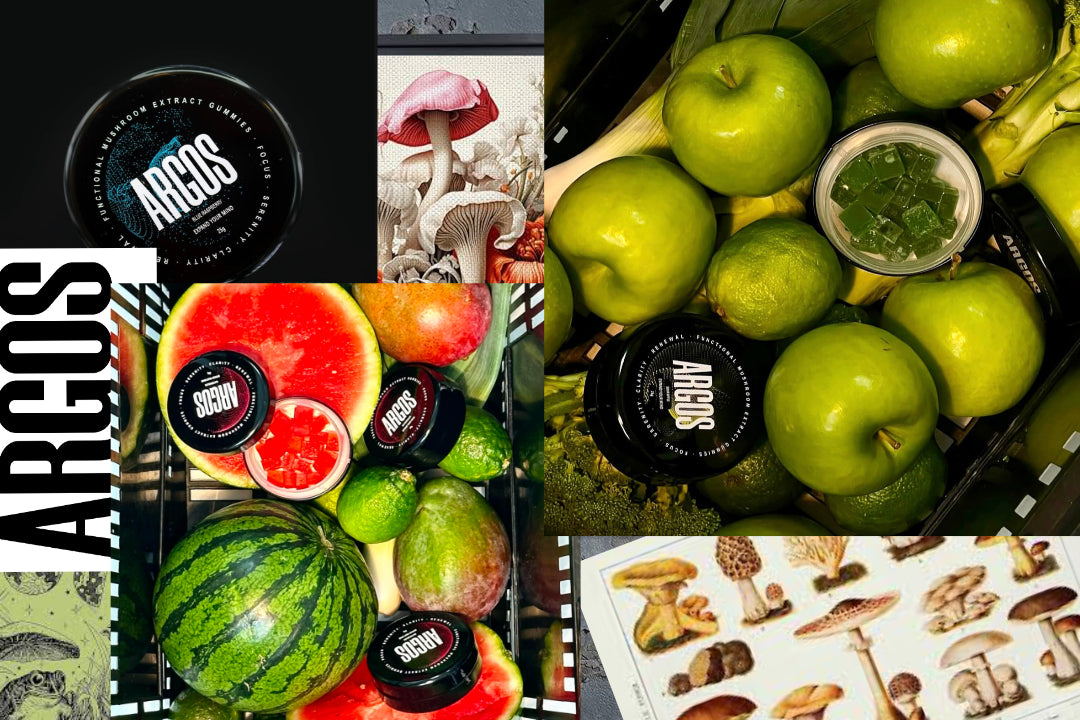 Baeocystin gummies, fruit basket, watermelon, sour apple, argos logo