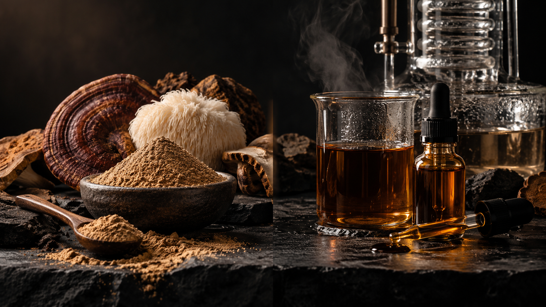 Whole functional mushrooms and mushroom powder beside extraction glassware illustrating mushroom extract versus powder.
